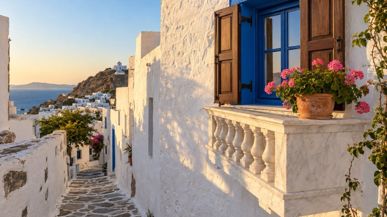 A white facade with blue shutters, on Ios, in autumn