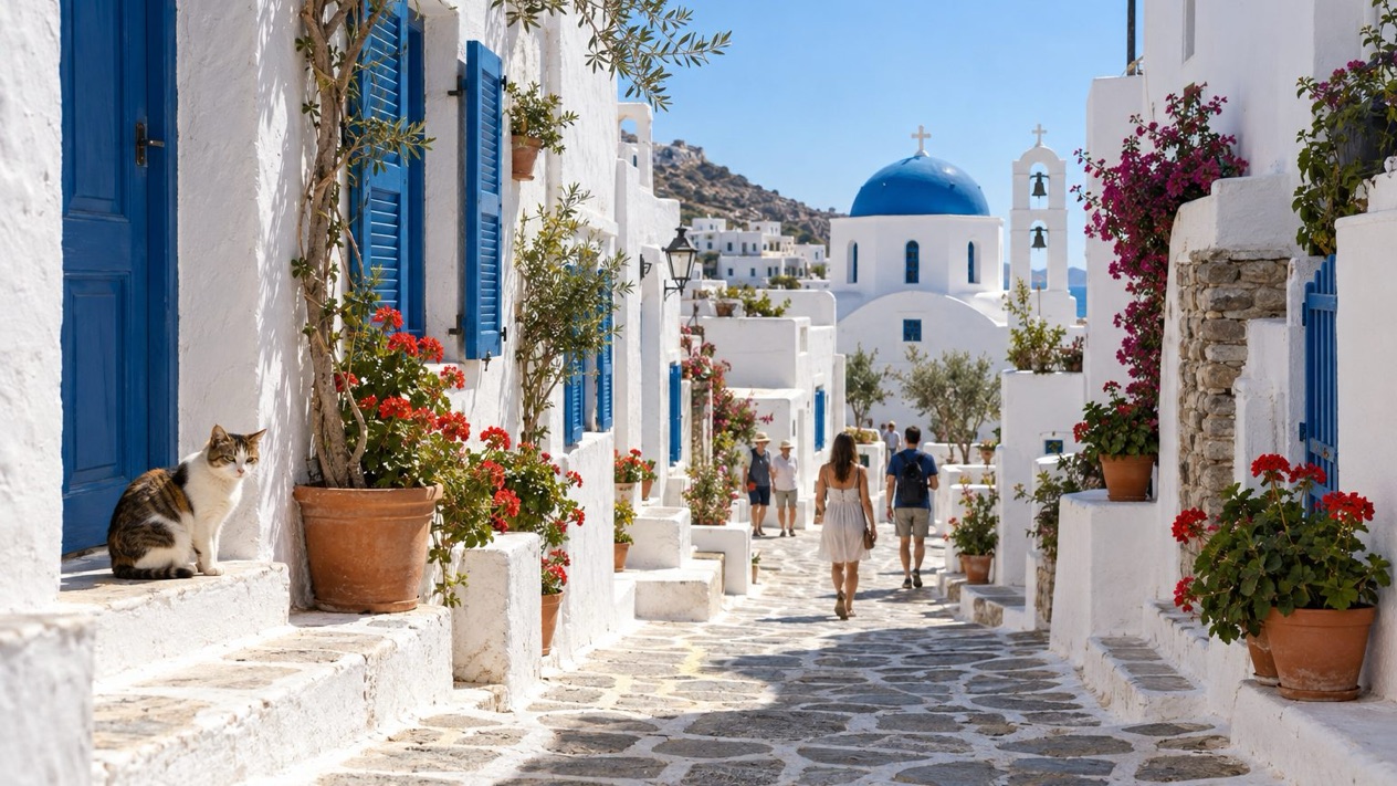 A lane in Chora, on Ios, under the spring sky