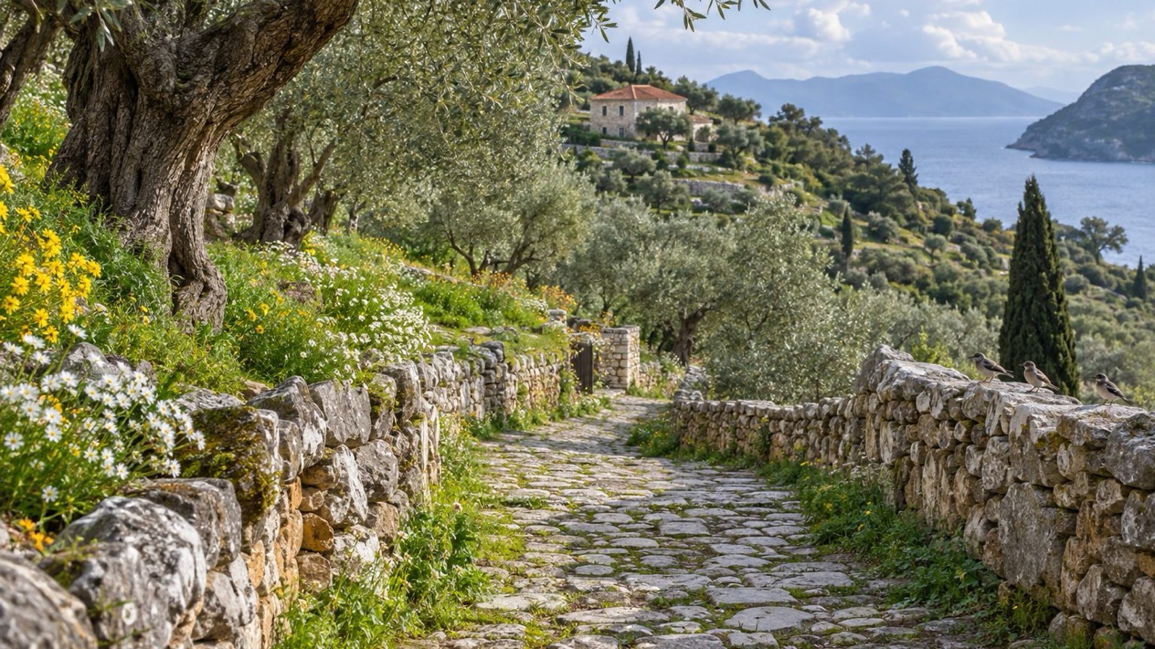 A spring path in Ithaca, between olive trees and wildflowers