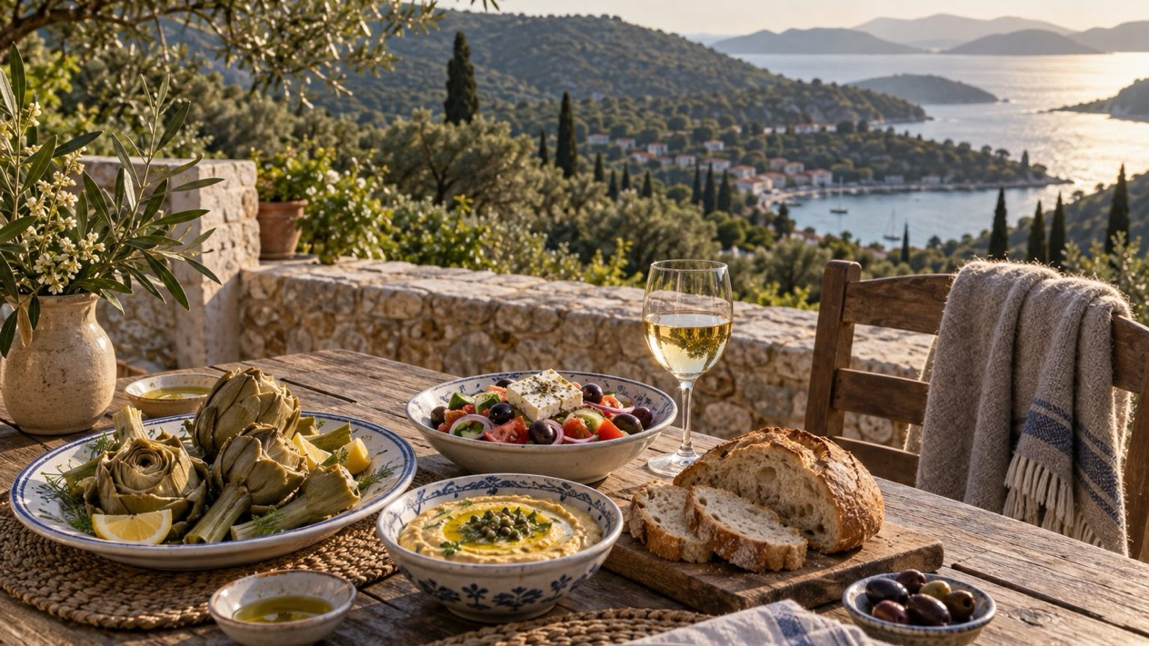 A spring table in Ithaca, artichokes and fava facing the hills