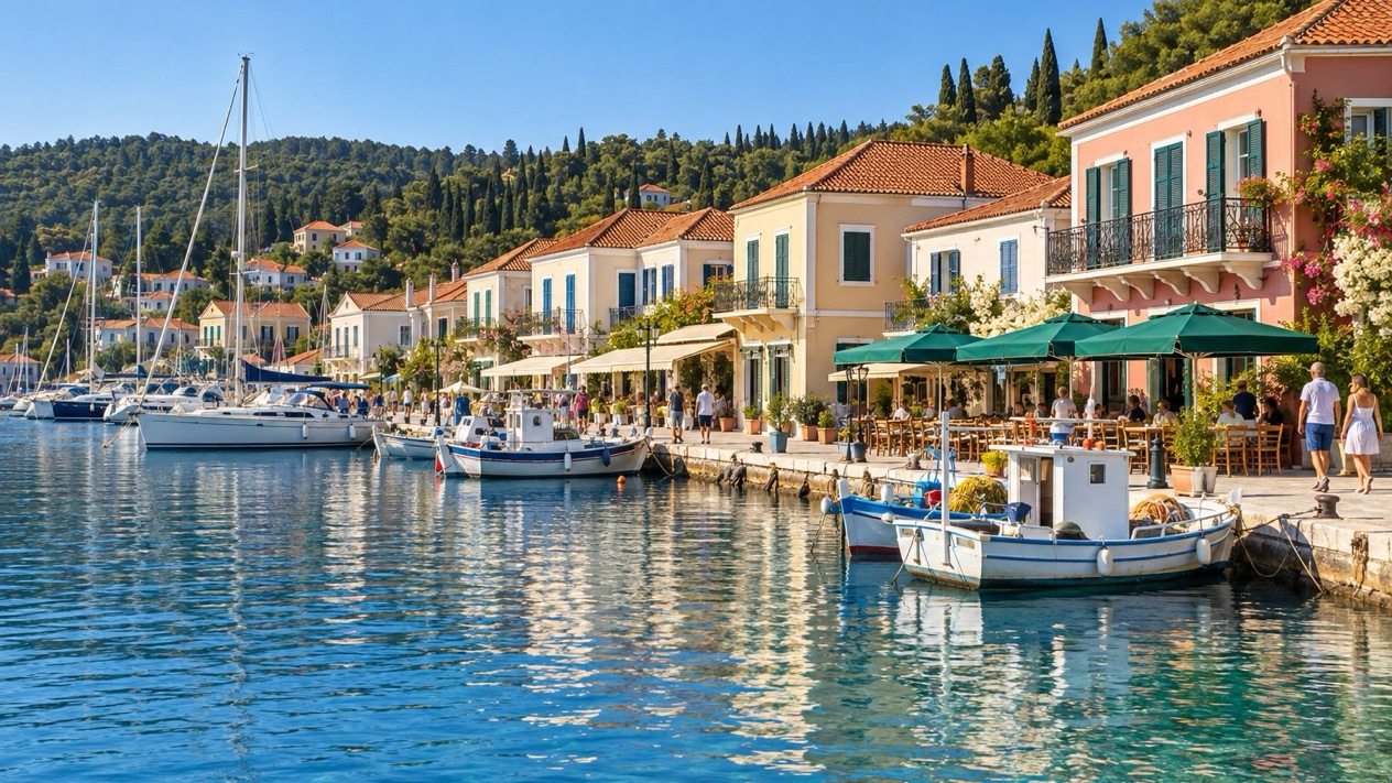 Fiscardo harbor in Kefalonia in summer