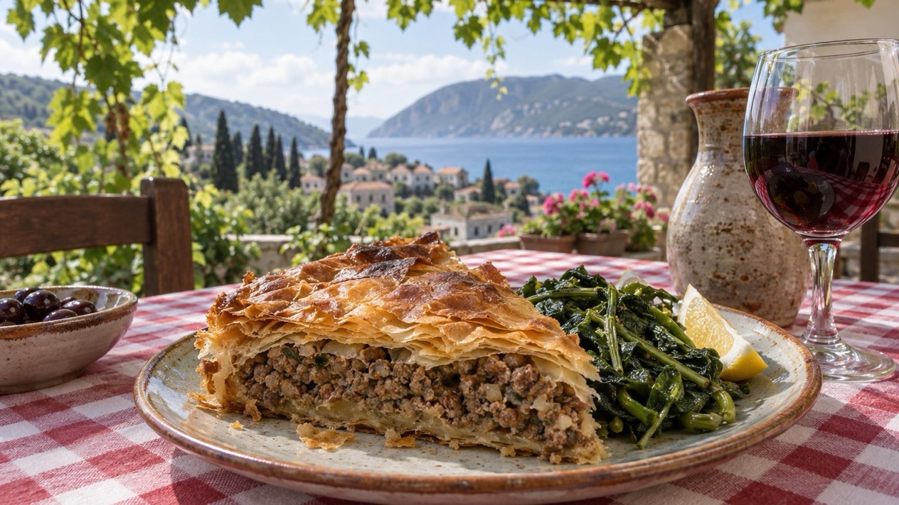 A slice of kreatopita in a Kefalonian taverna