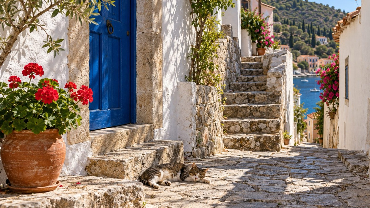 Cobbled lane and blue door in Assos in summer