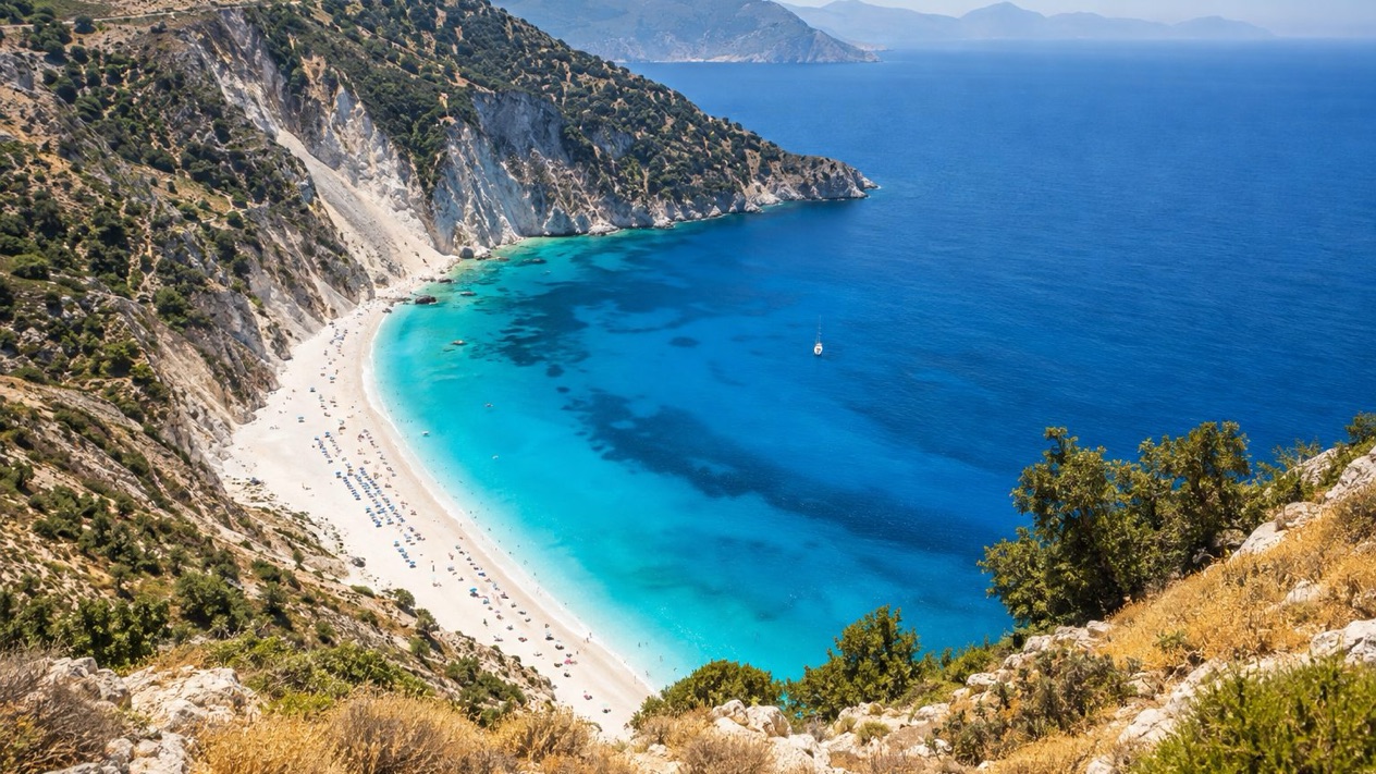 Myrtos Beach in Kefalonia on a beautiful summer afternoon