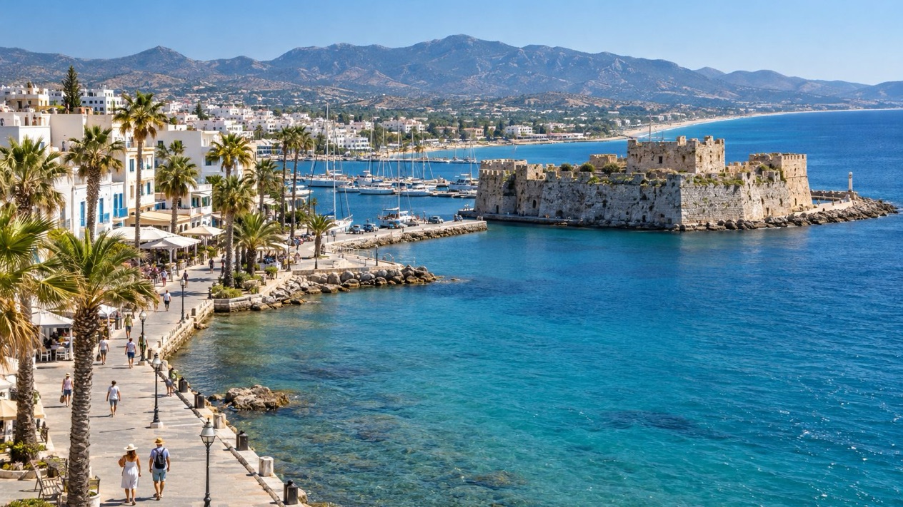 The coast of Kos, with its castle and promenade, in summer