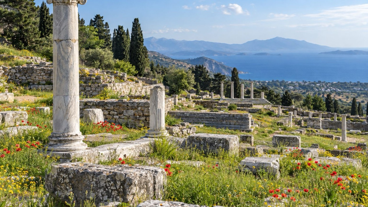 Columns of the Asklepion of Kos among spring flowers