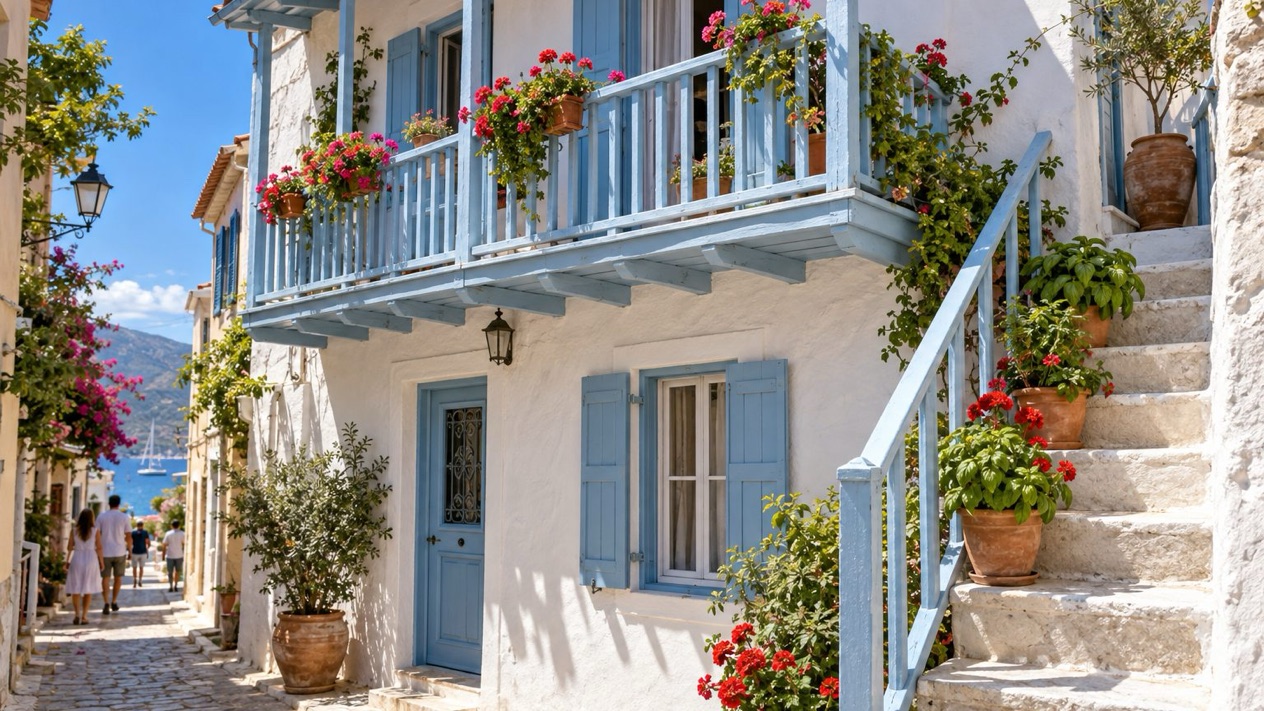 Colorful facade in Lefkada in summer