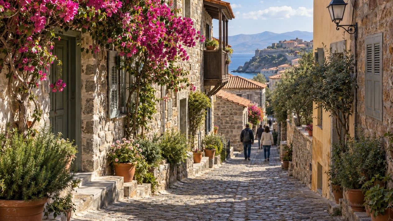 Cobbled alley in Molyvos, Lesbos, in spring