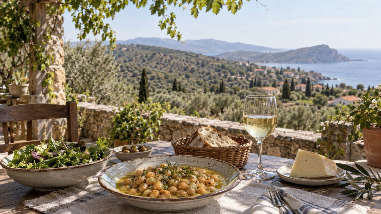 Revithada and local Lesbos cheese on a terrace in spring