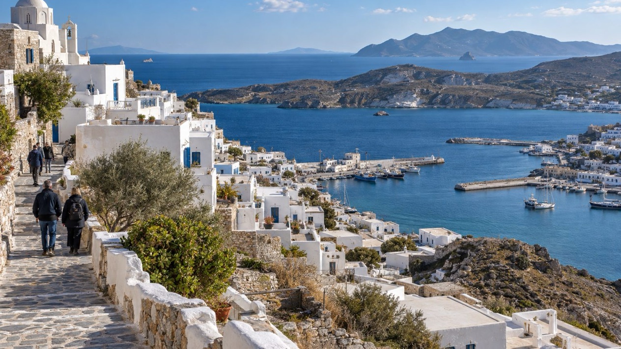 View of Adamas bay from Plaka in winter