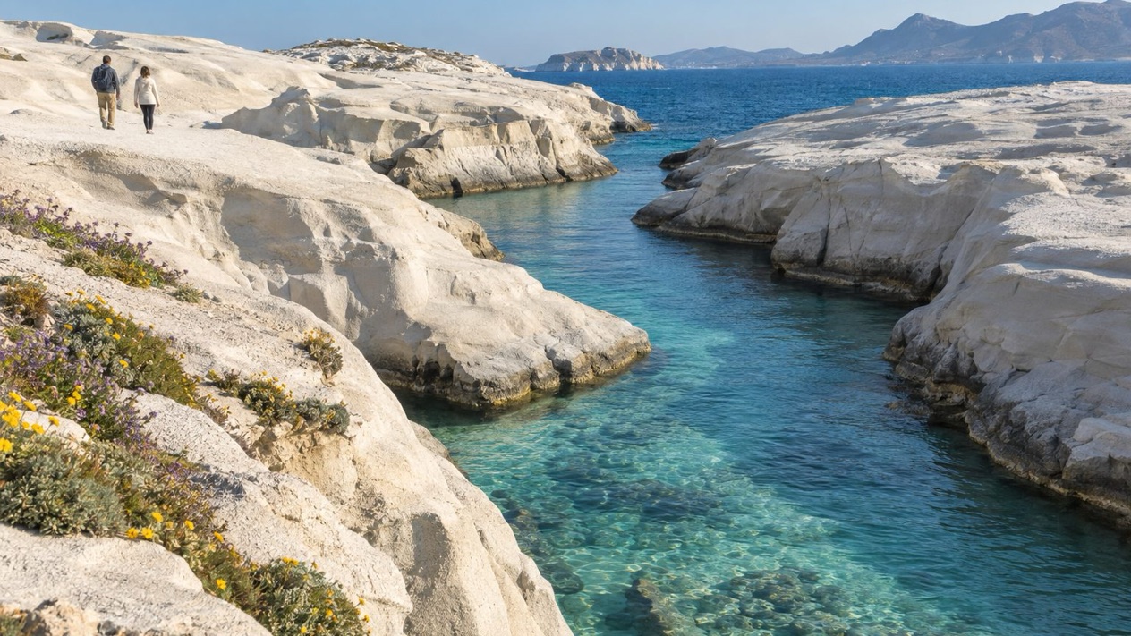 Sarakiniko in Milos in spring, between white rocks and turquoise water