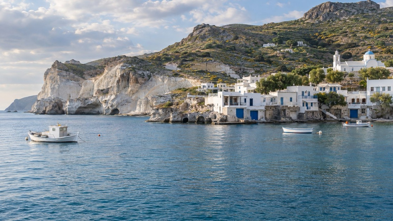 Milos in spring, with its white cliffs and calm sea