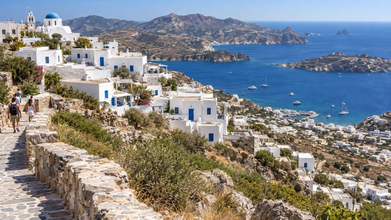 Panoramic view of Milos in summer, from the heights of Plaka