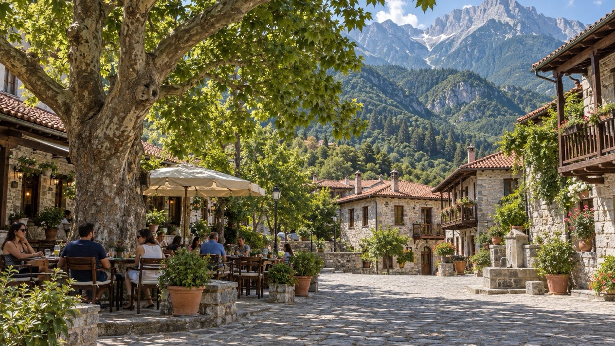 Village square in Litochoro at the foot of Mount Olympus in summer