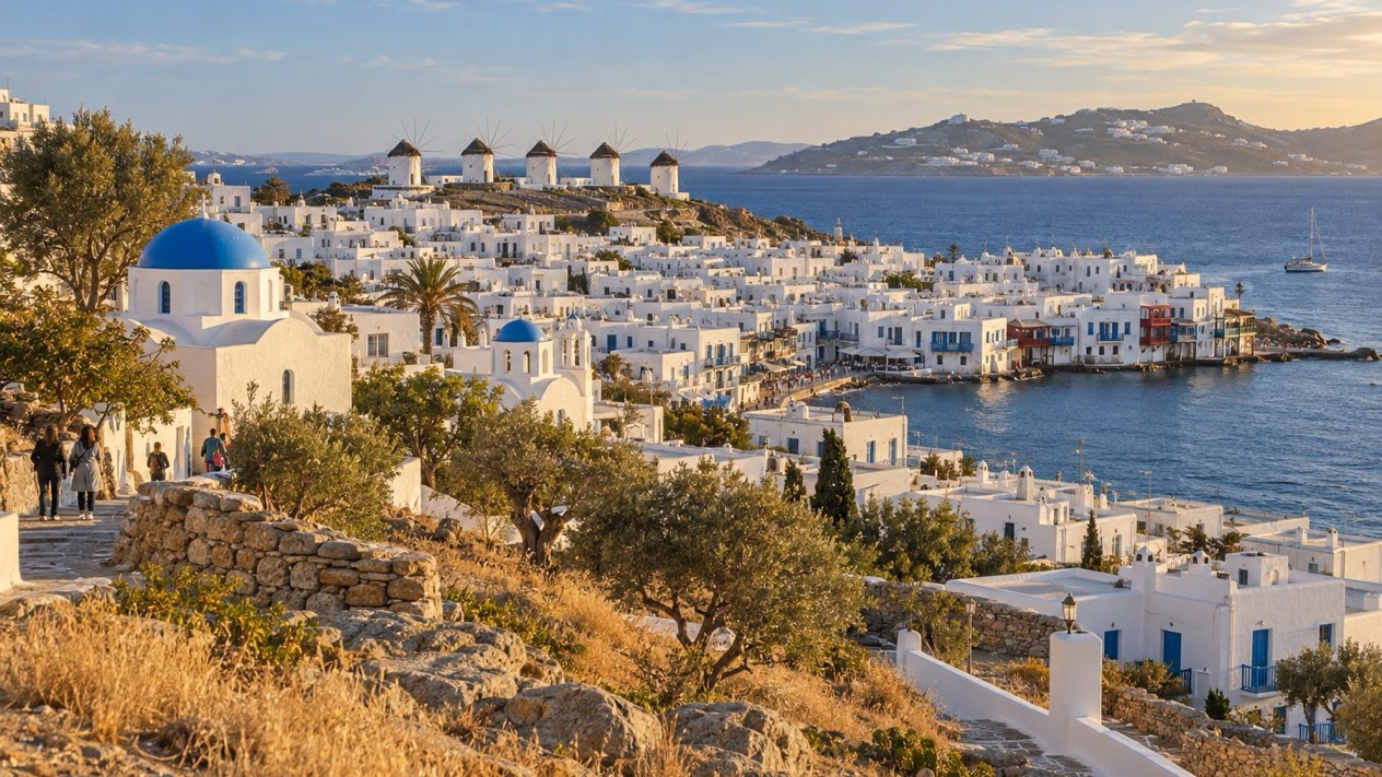 View of Mykonos and its windmills on an autumn afternoon