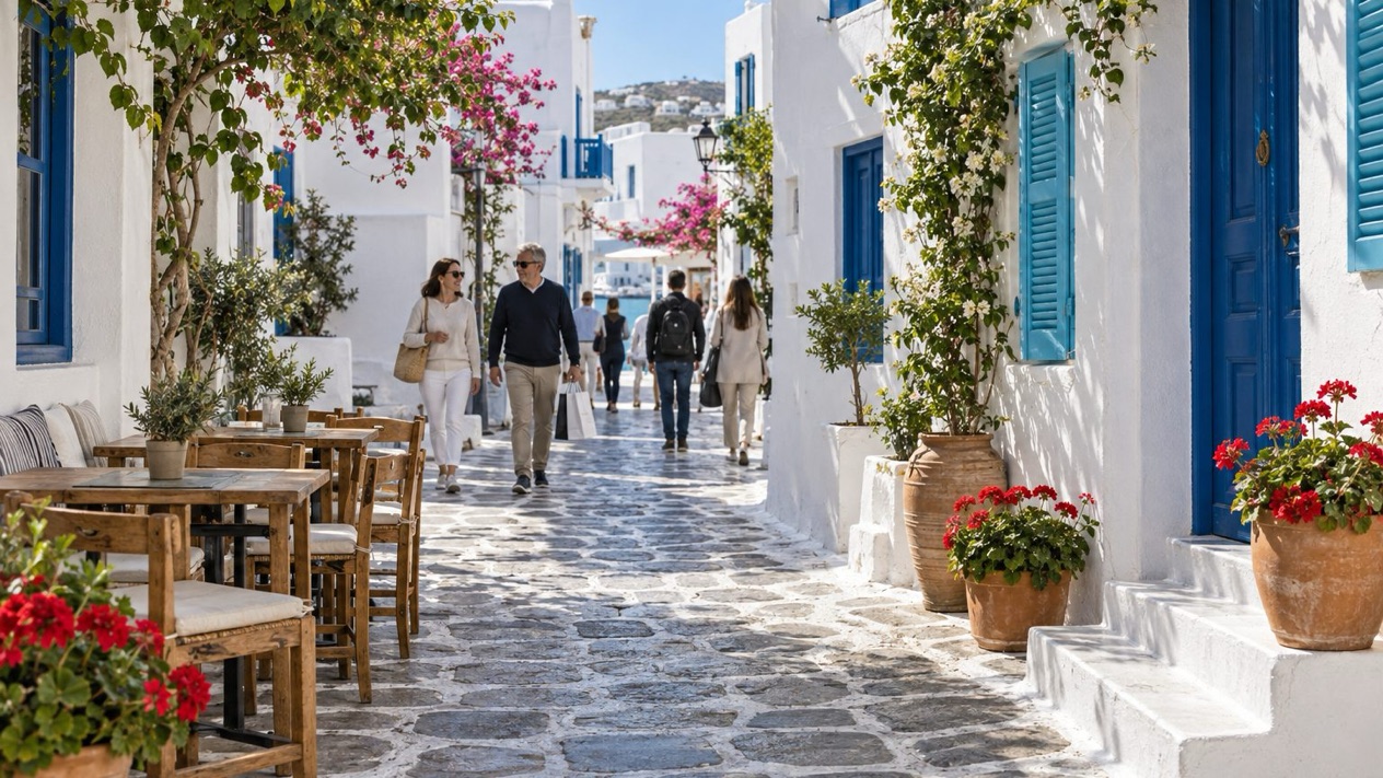 Typical alley in the old town of Mykonos in spring