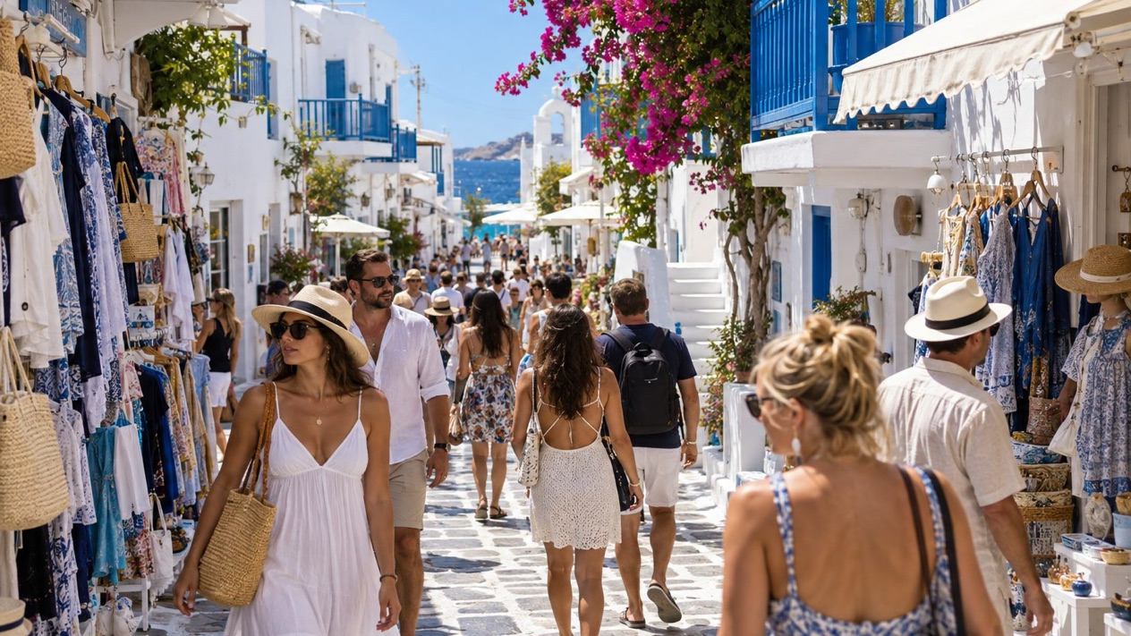 A busy street in Mykonos under the summer sun