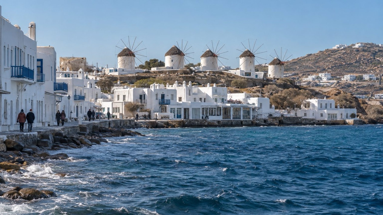 Mykonos under the clear winter sky, seen from the sea