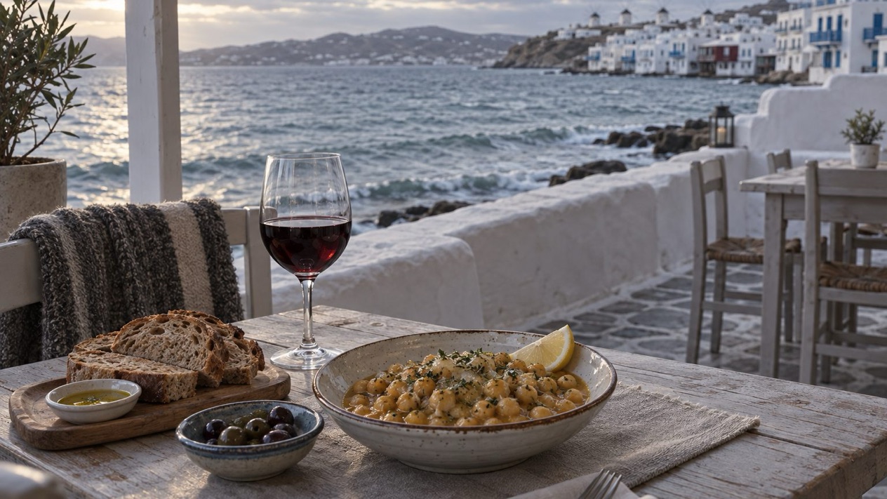 A winter table facing the sea with chickpea soup