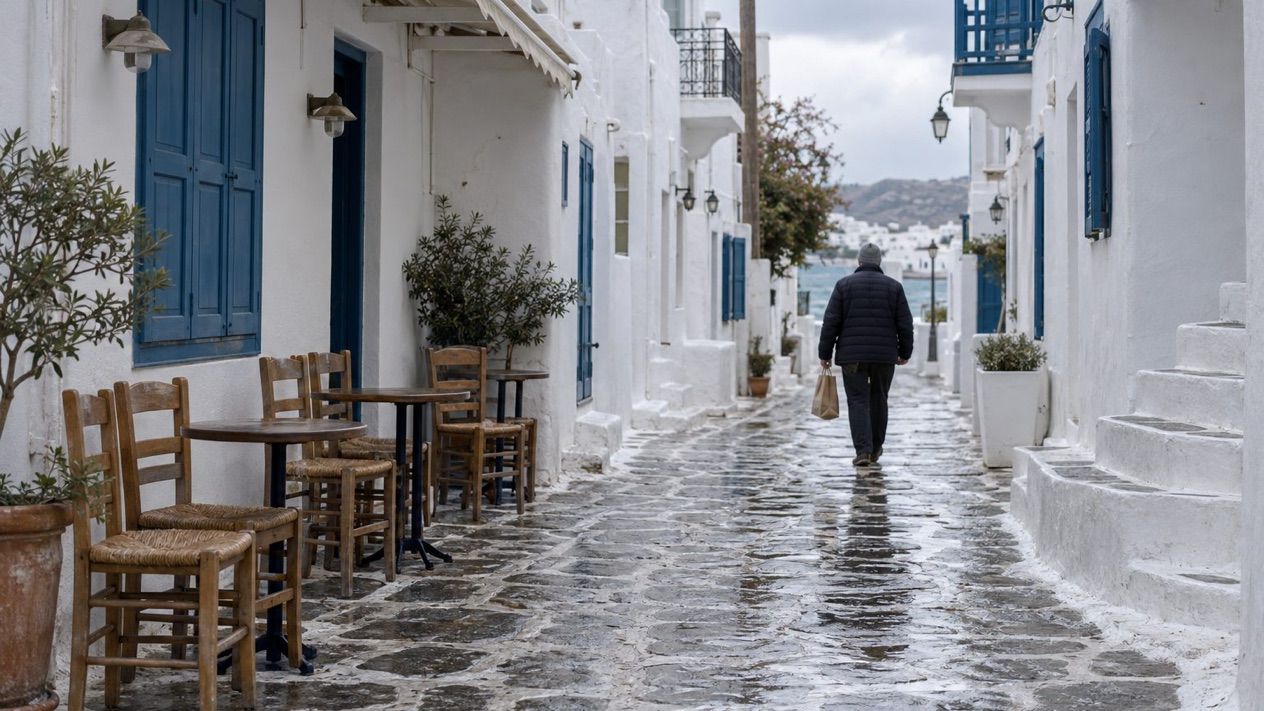 A quiet alley in Mykonos in winter, after the rain