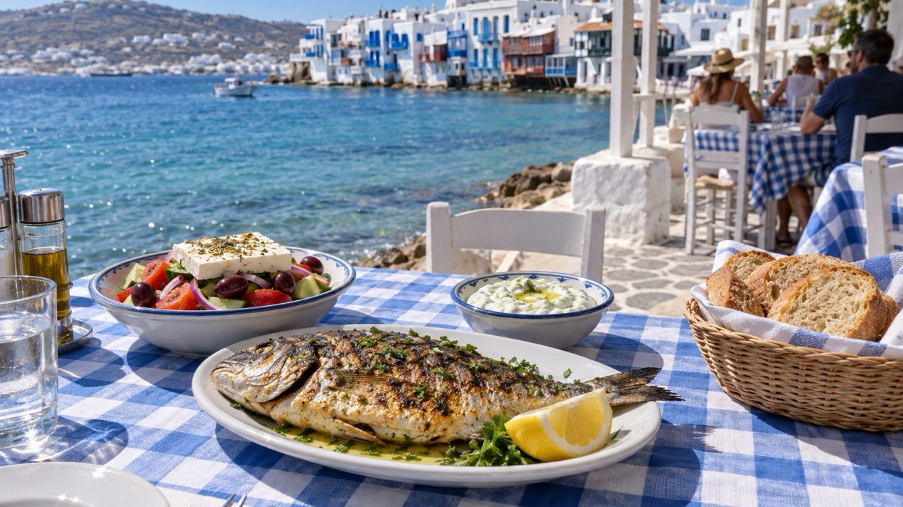 A tavern table facing the sea under the summer sun
