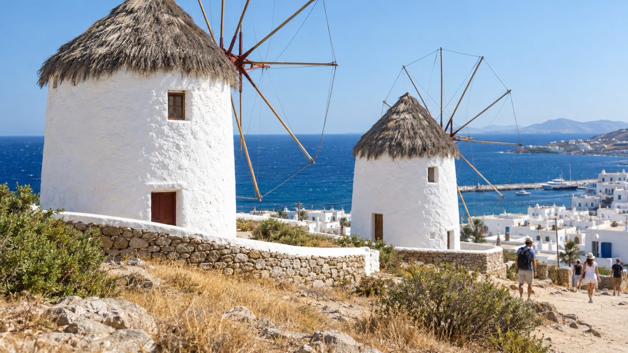 The windmills of Mykonos in bright summer light