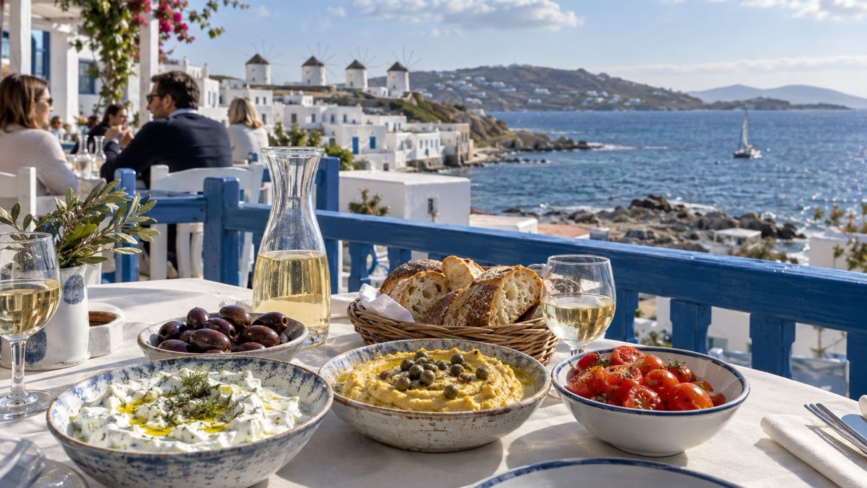 A mezze table facing the sea on a mild spring day