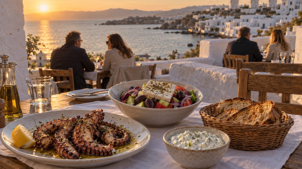 A tavern table with grilled octopus on an autumn evening