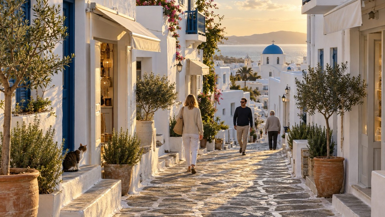 A paved street in Mykonos on an autumn afternoon