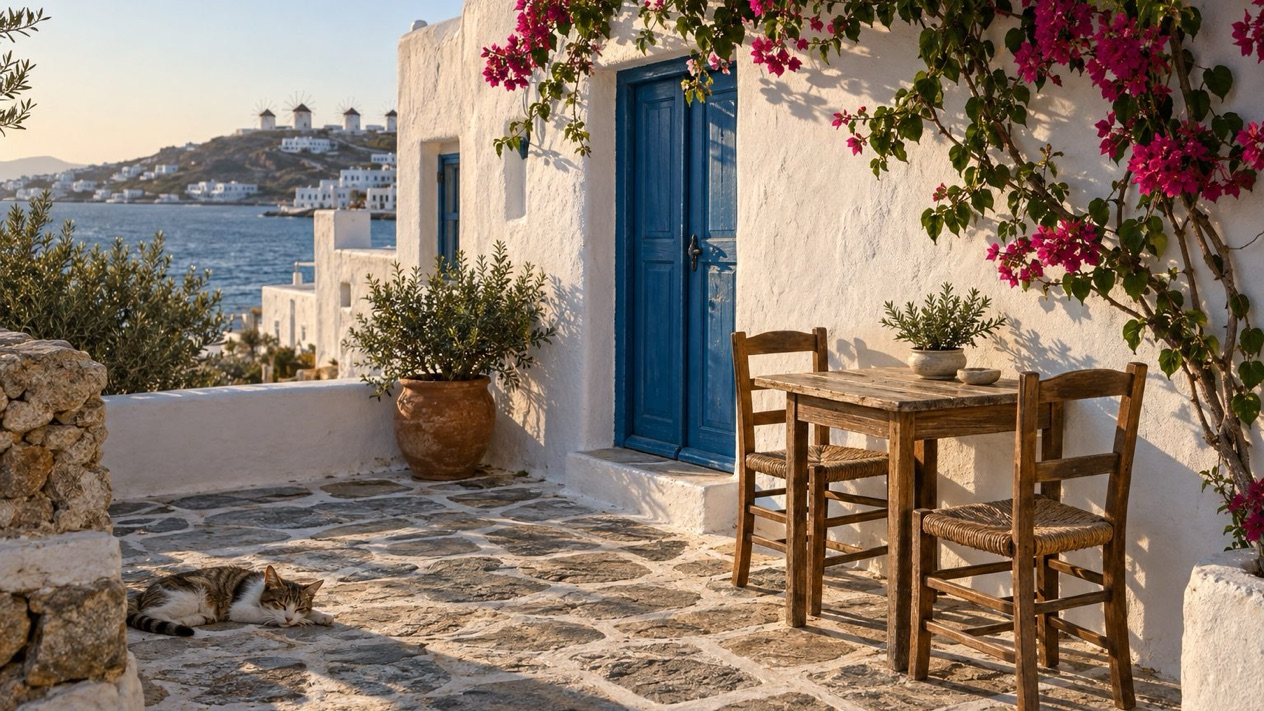 A quiet courtyard in Mykonos in the mild autumn