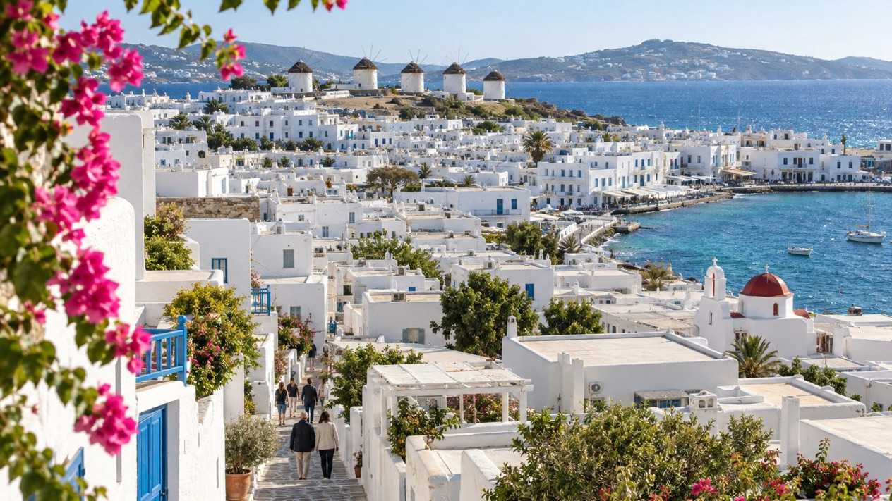 Panoramic view of Mykonos in spring, with its windmills