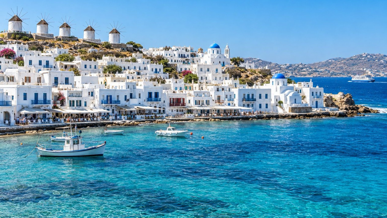 View of Mykonos and its windmills, bright under the summer sun