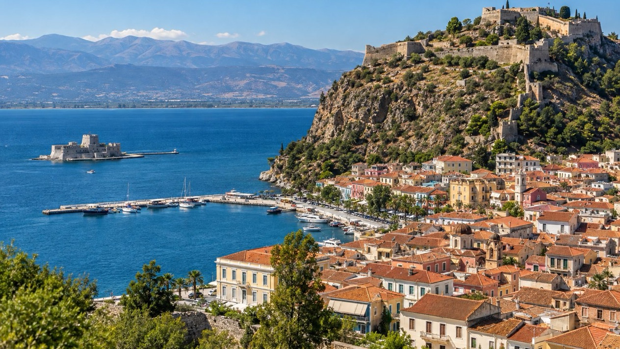 View of Nafplio with its fortress in summer
