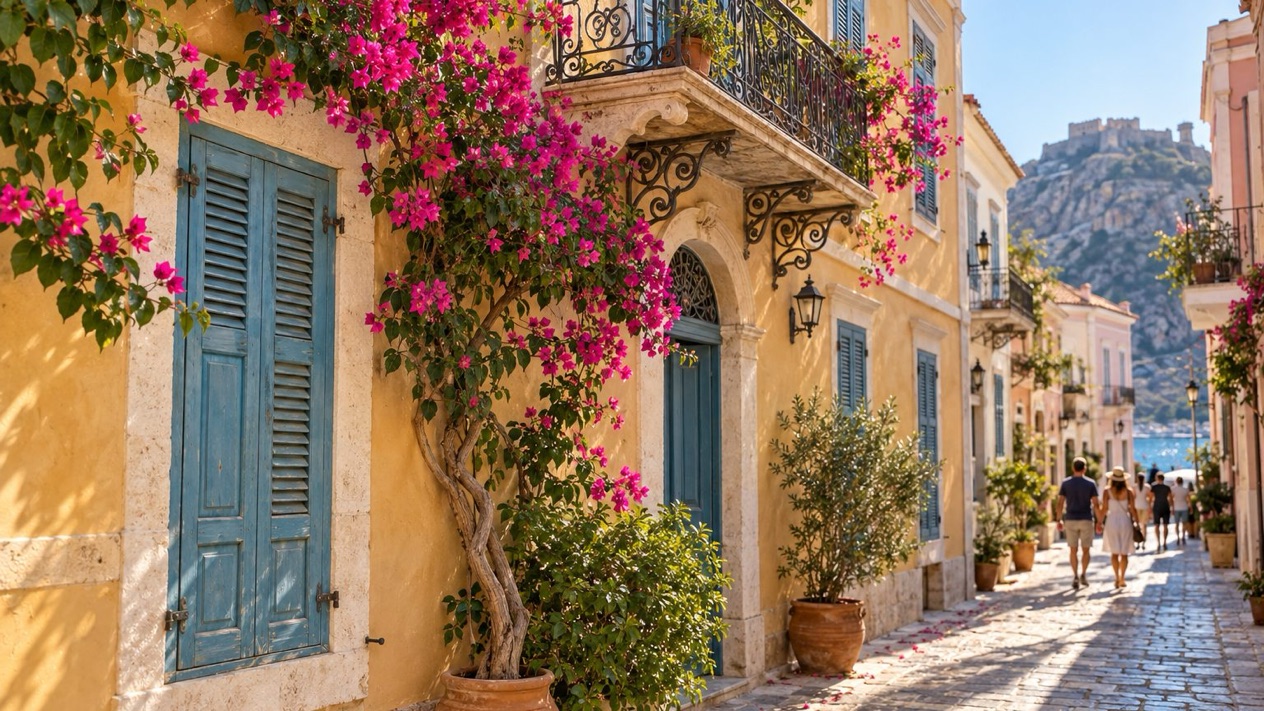 Neoclassical facade in Nafplio adorned with bougainvillea in summer