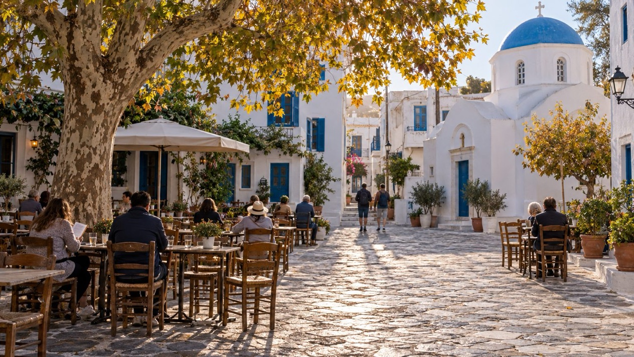 A lively square in Naxos old town in autumn