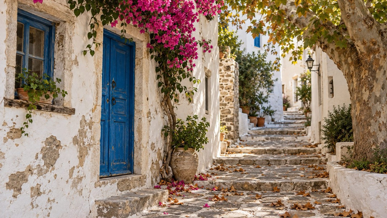 A whitewashed alley in Naxos old town in autumn