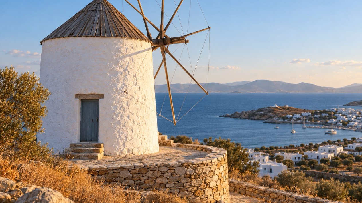 A traditional windmill in Paros in autumn