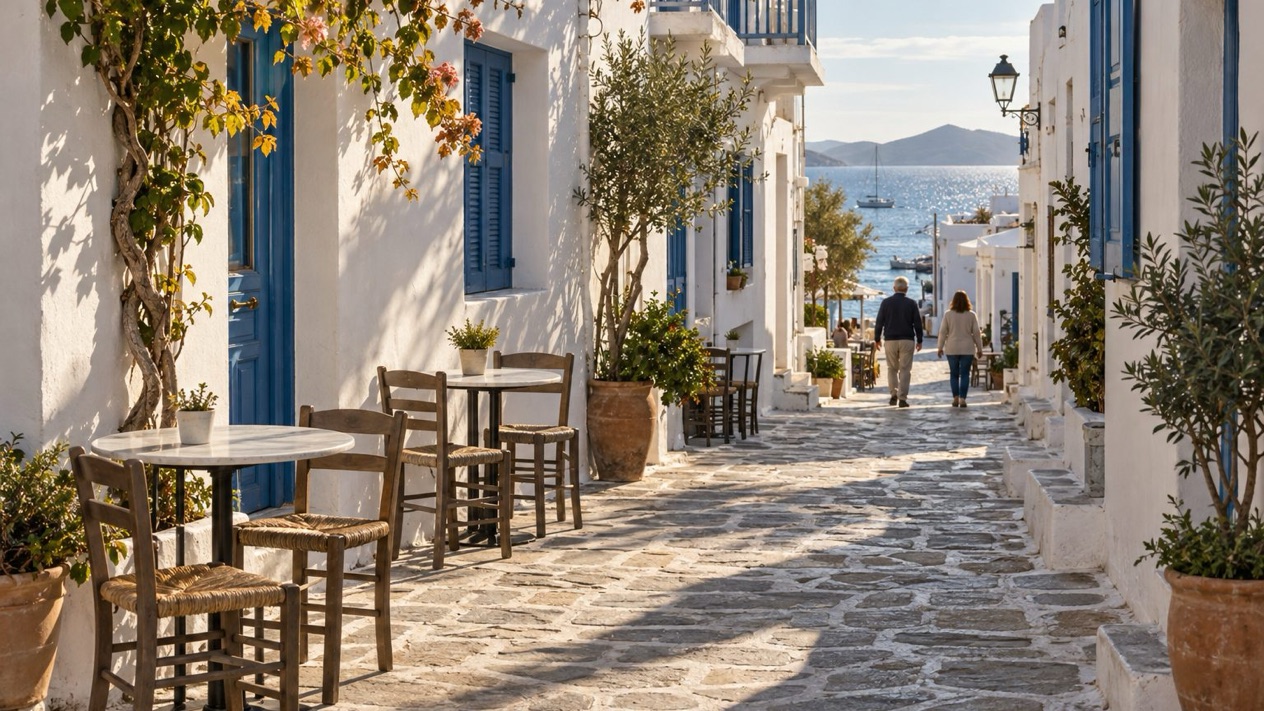 A quiet street in Naoussa in Paros in autumn