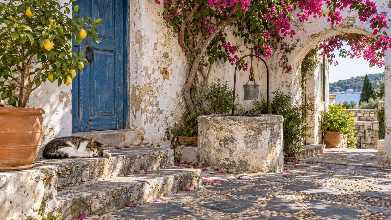 A paved inner courtyard in Paxos, full of flowers in summer