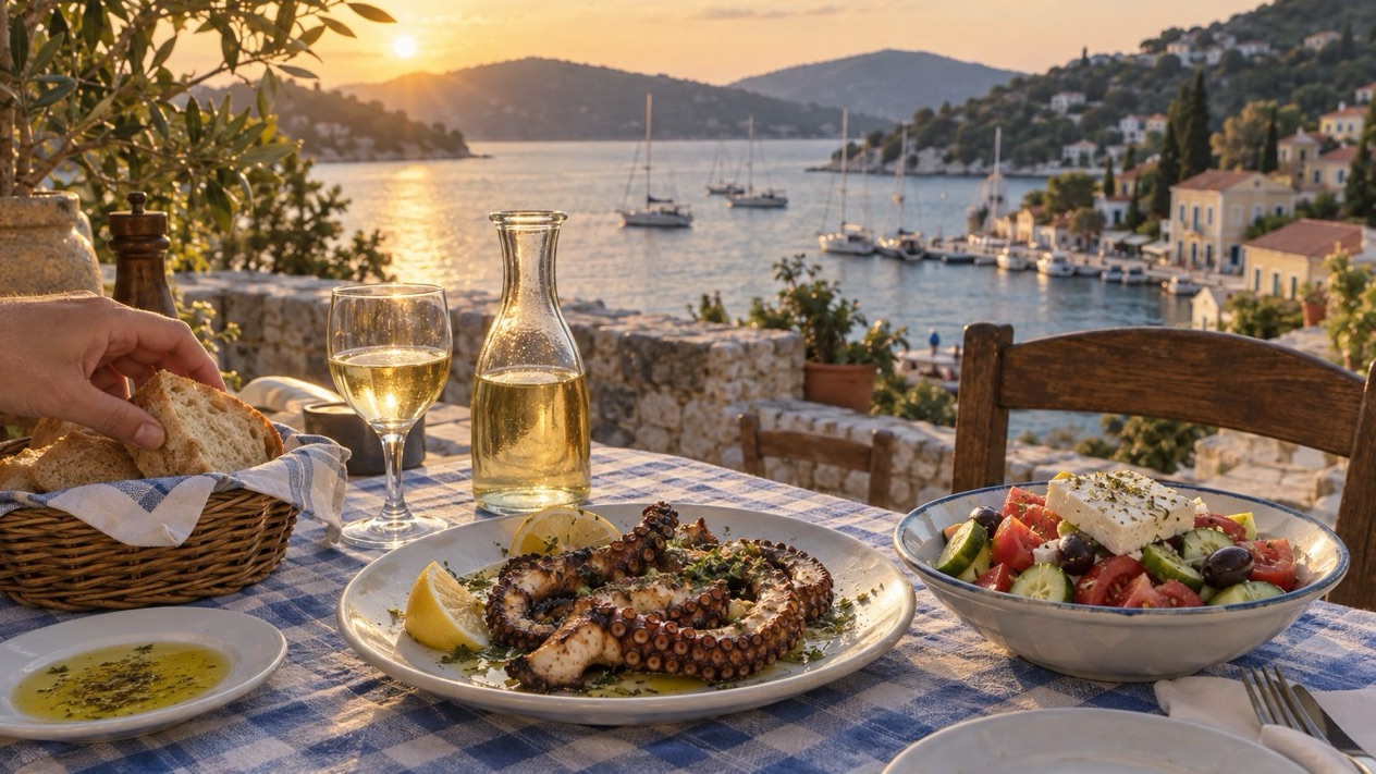 A taverna table in Paxos with grilled octopus and Greek salad