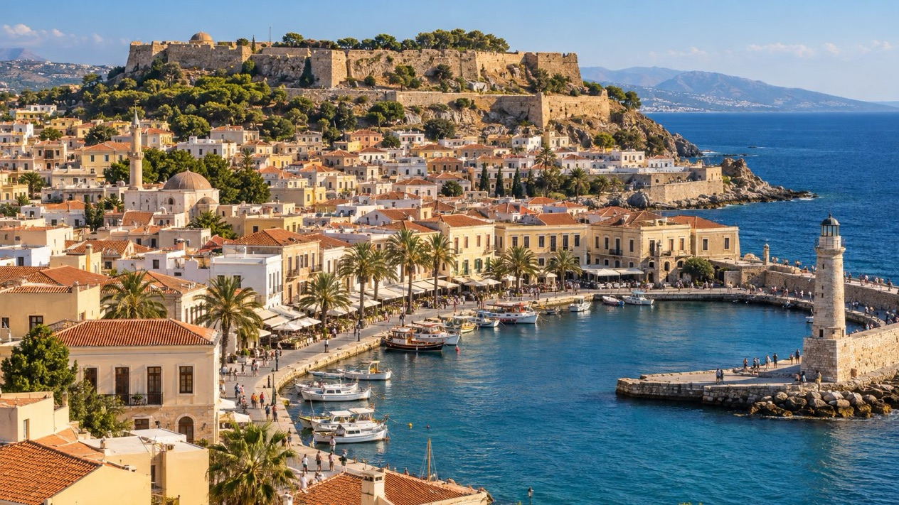 The old town of Rethymnon and its fortress in summer