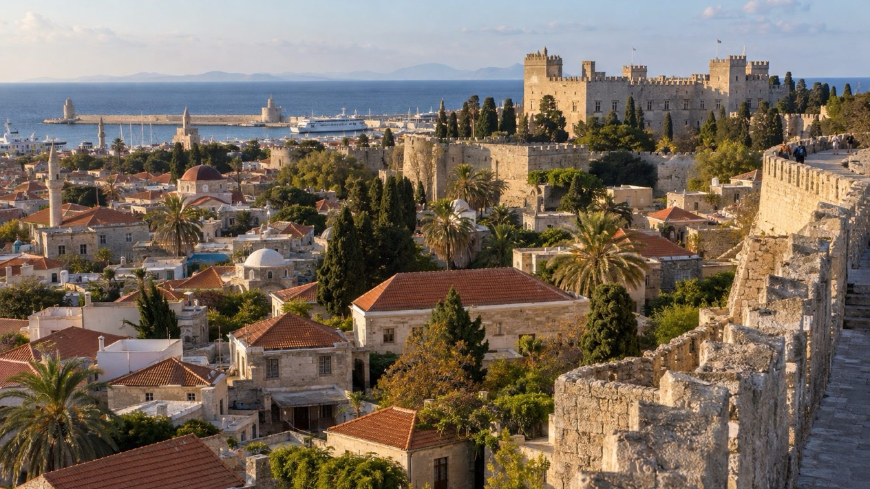 Panoramic view of Rhodes, with the Aegean Sea, in autumn