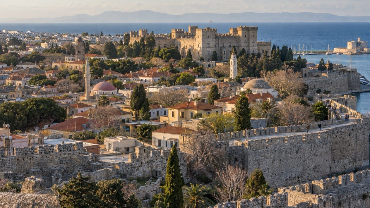 Panoramic view of Rhodes, with the Aegean Sea, in winter