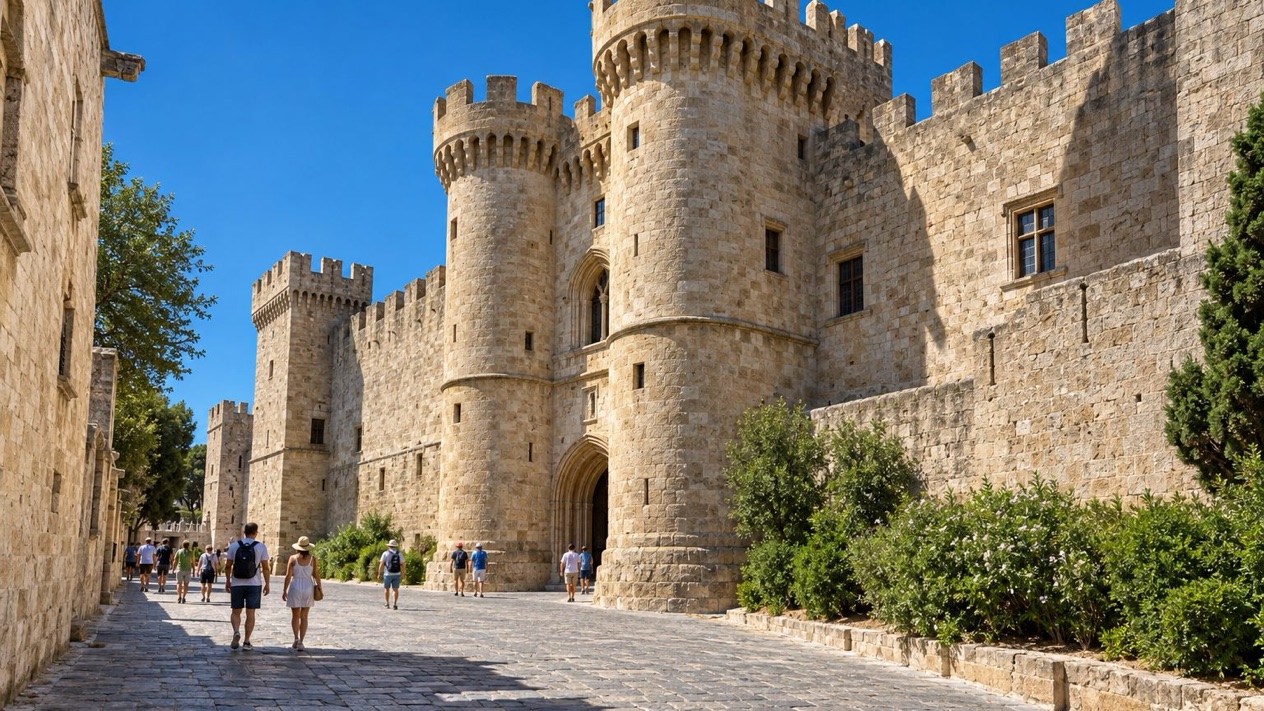 The Palace of the Grand Masters in Rhodes on a beautiful spring afternoon