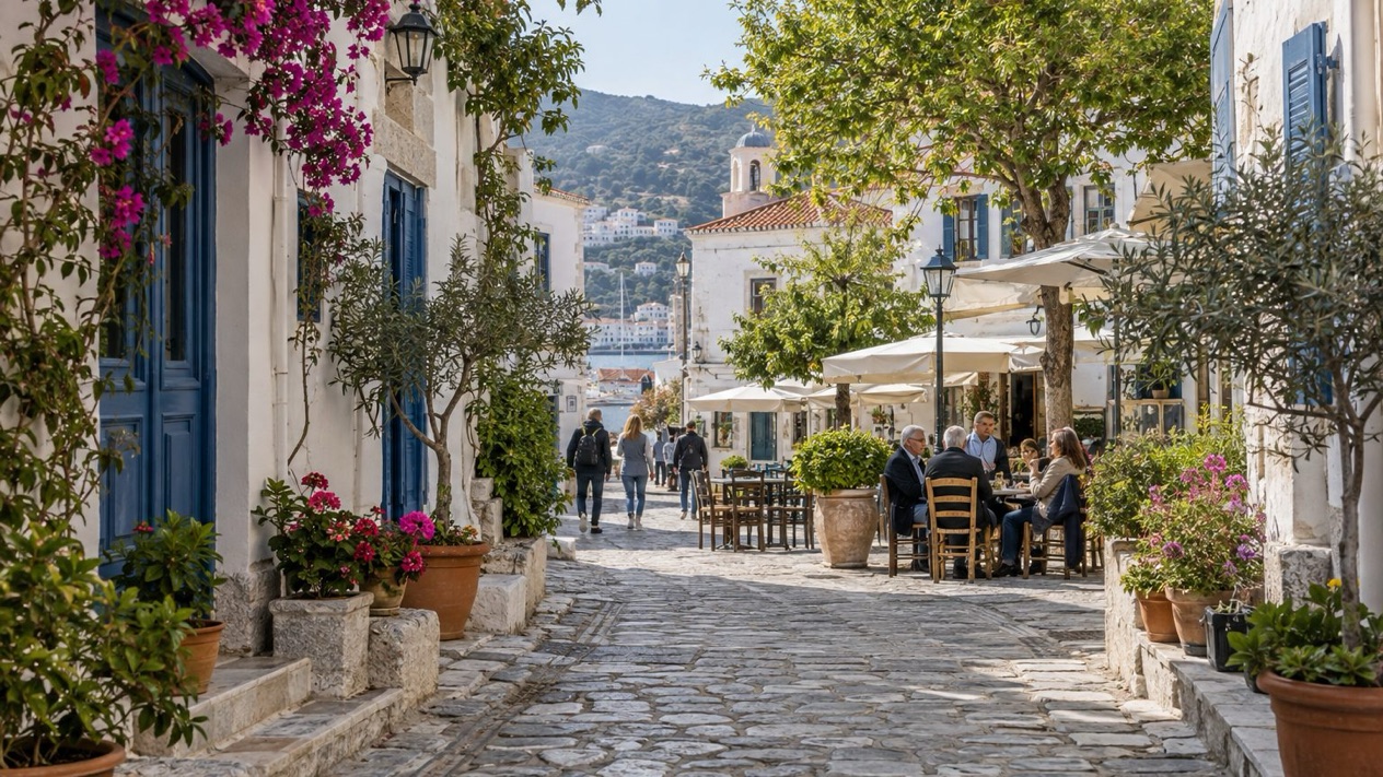 Lively street in Samos in spring