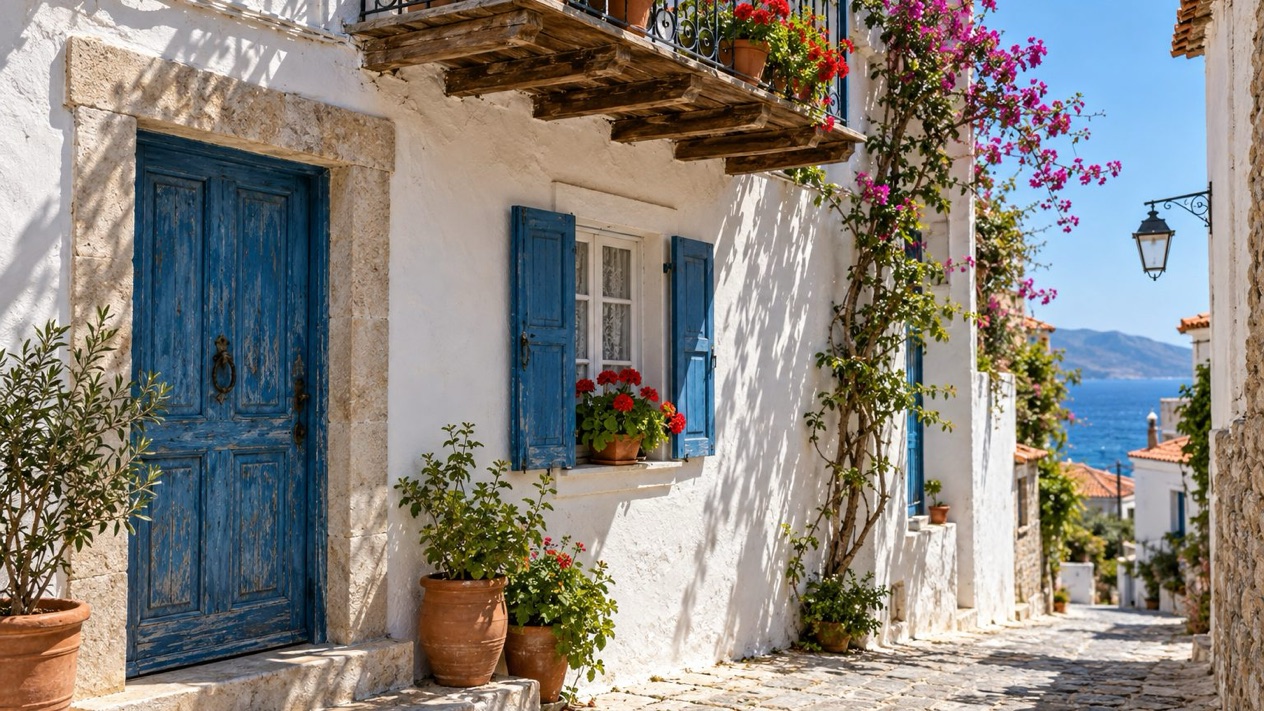 White alley with blue shutters in Samos in summer