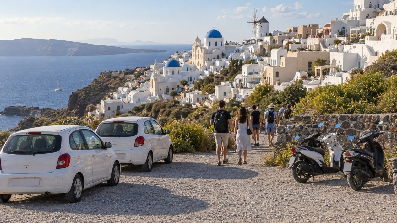 The Oia parking lot, on a spring afternoon