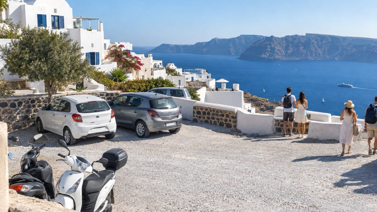 The parking area of Oia, in Santorini, crushed by the summer sun