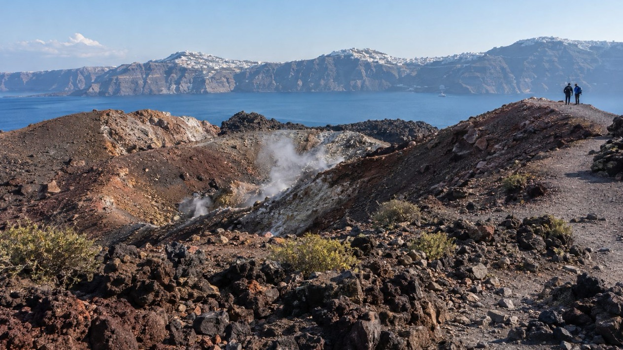 The Nea Kameni volcano, on a winter afternoon