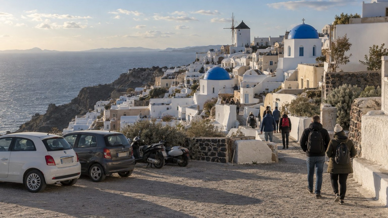 The Oia parking lot, on a winter afternoon